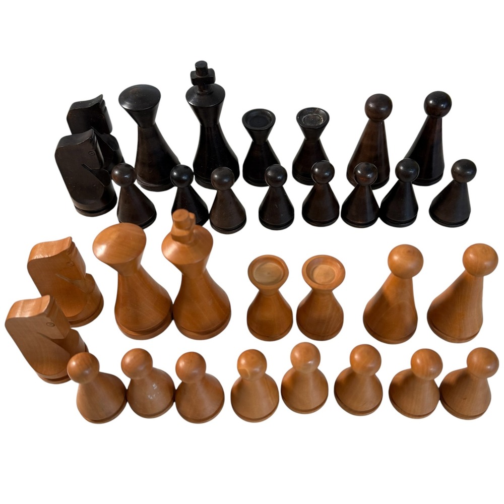 VTG Minimalist Wooden Chess Set Mid Century Modern Style Pieces w/ Box Abstract